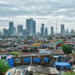 View of Mumbai skyline over slums in Bandra suburb