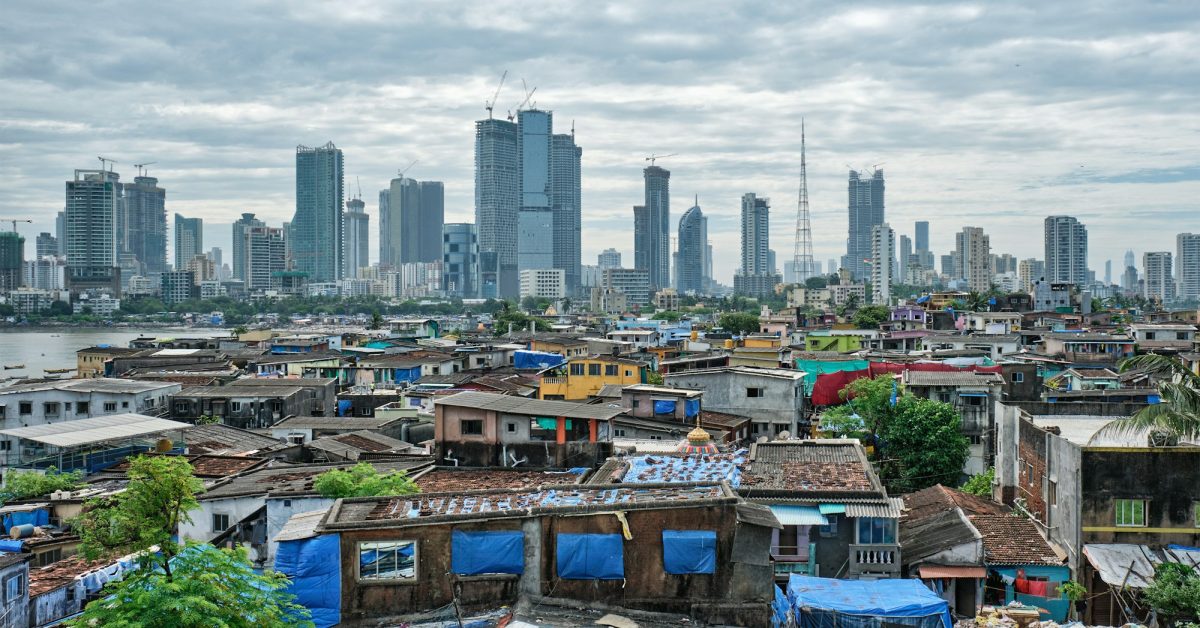 View of Mumbai skyline over slums in Bandra suburb